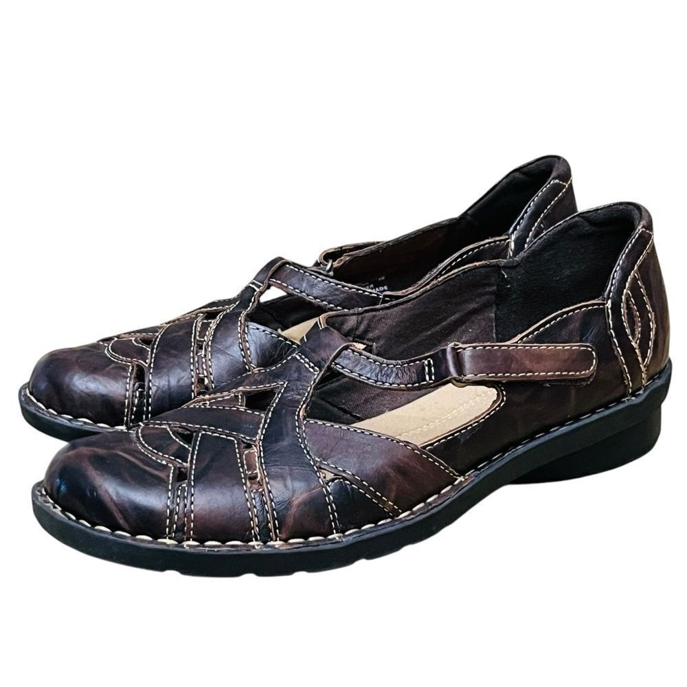 Clarks Merry Jane Brown Leather Shoes Bendables Strap Flat Stitched - Picture 2 of 10